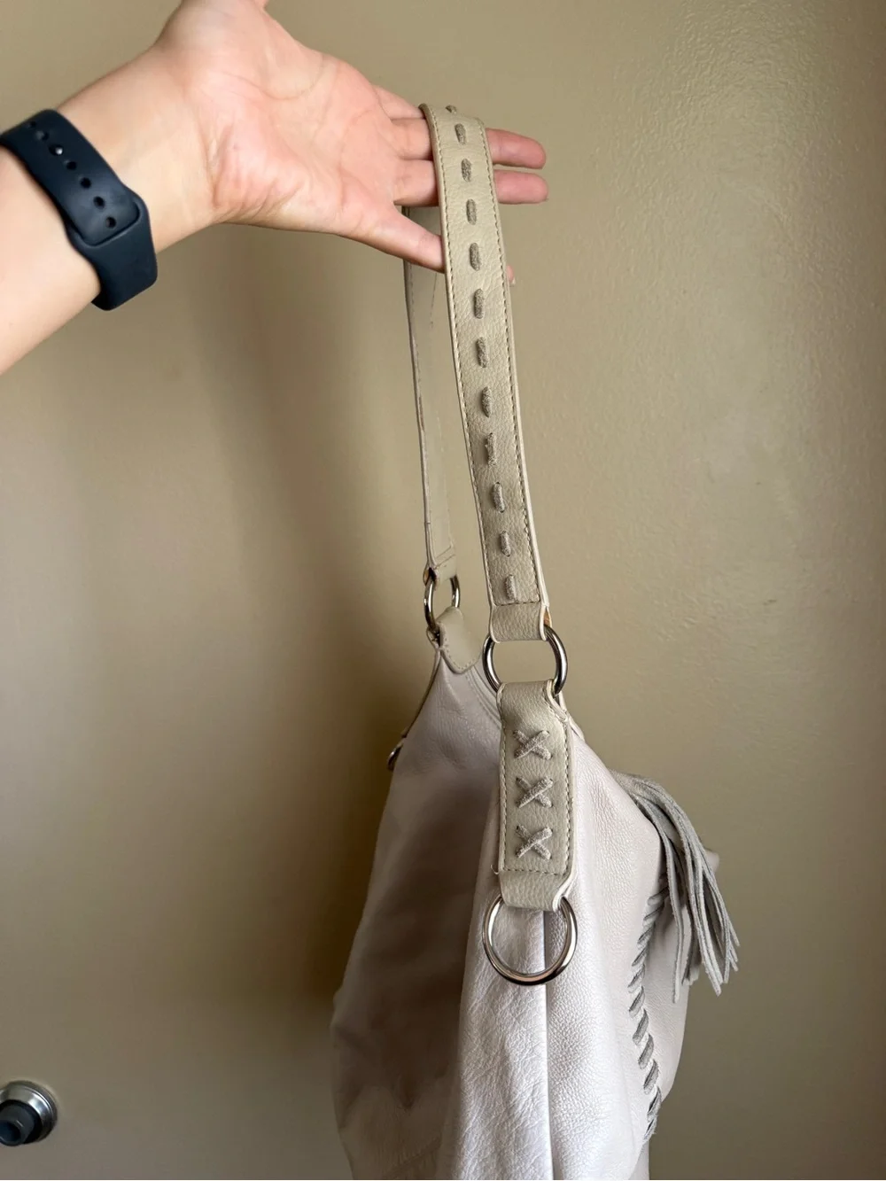 Vintage leather White Stitched Hobo Bag with Tassel